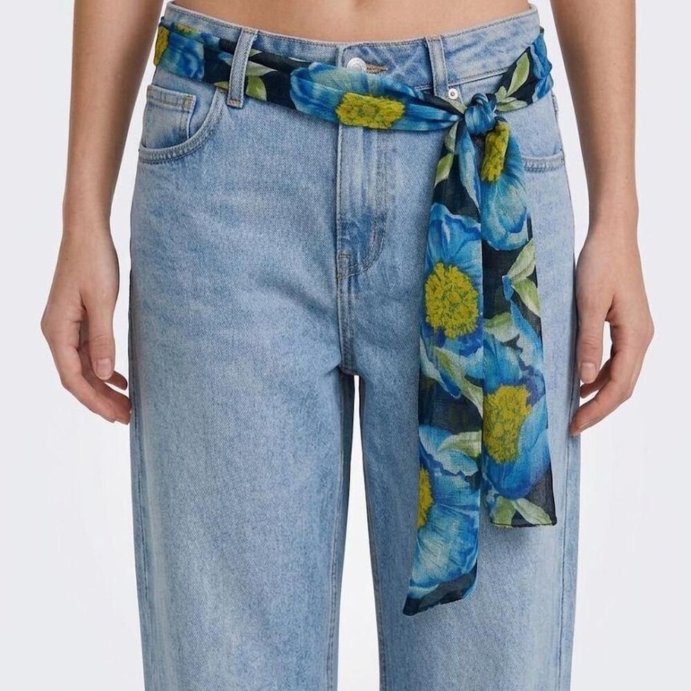 Y2K Blue Peonies floral gauze scarf belt | Blue Yellow and Black | Versatile